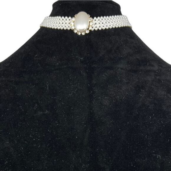 90s Style Pearl Choker Necklace White Beaded Crystal Rhinestone Statement Collar - Picture 2 of 11
